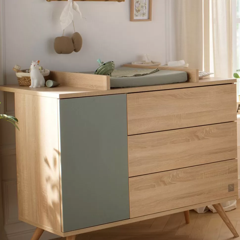 Sauthon Meuble Bébé>Commode et Plan à Langer Seventies - Chêne Doré et Sauge