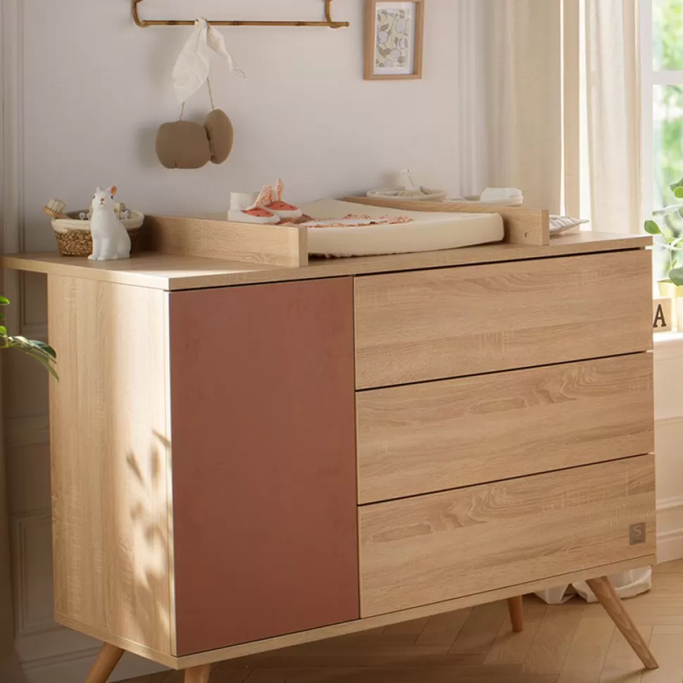 Sauthon Meuble Bébé>Commode et Plan à Langer Seventies - Chêne Doré et Terracotta