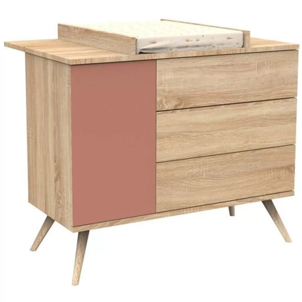 Sauthon Meuble Bébé>Commode et Plan à Langer Seventies - Chêne Doré et Terracotta