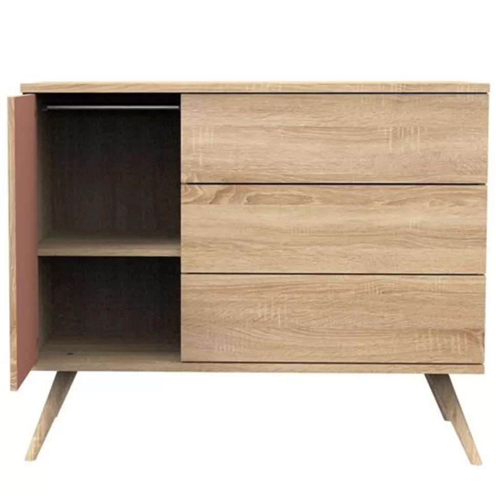 Sauthon Meuble Bébé>Commode et Plan à Langer Seventies - Chêne Doré et Terracotta