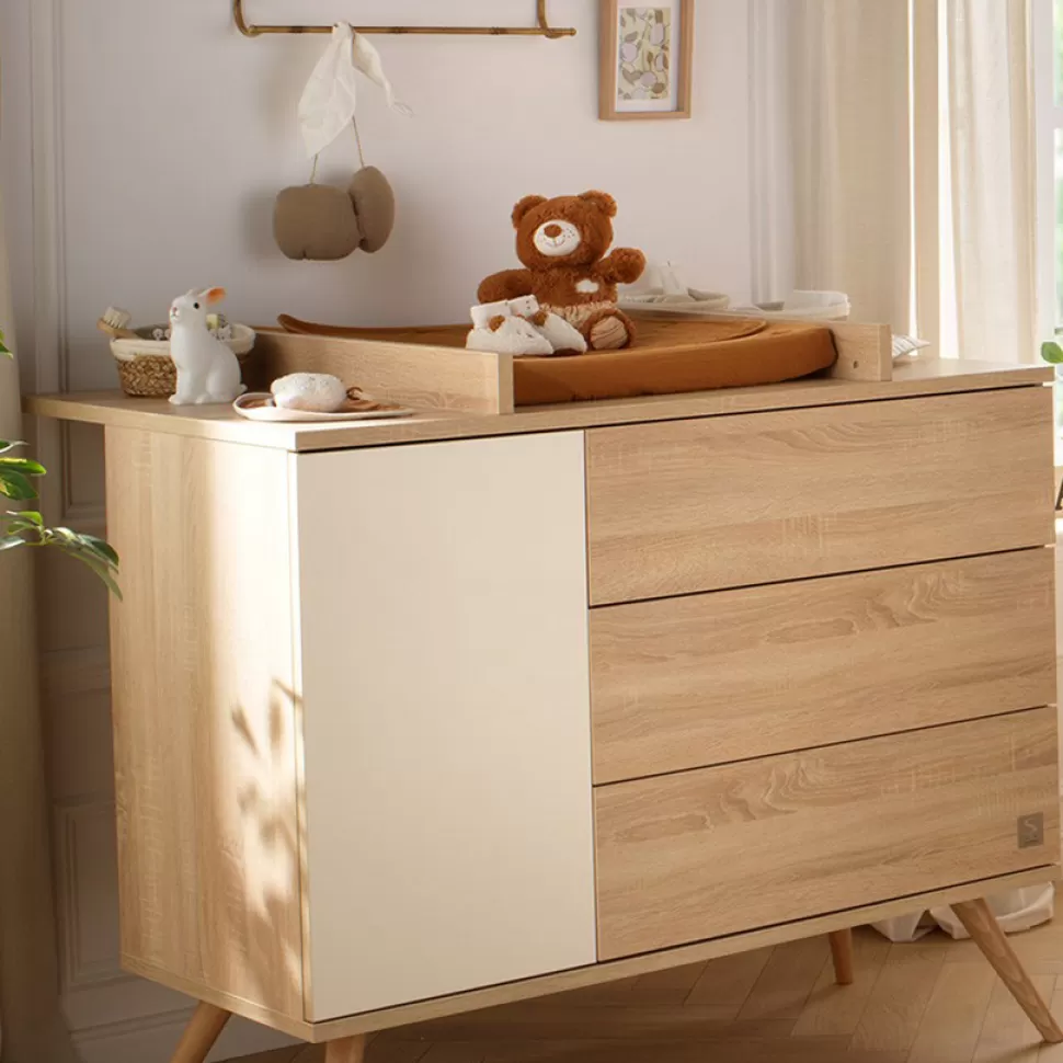Sauthon Meuble Bébé>Commode et Plan à Langer Seventies - Chêne Doré et Vanille