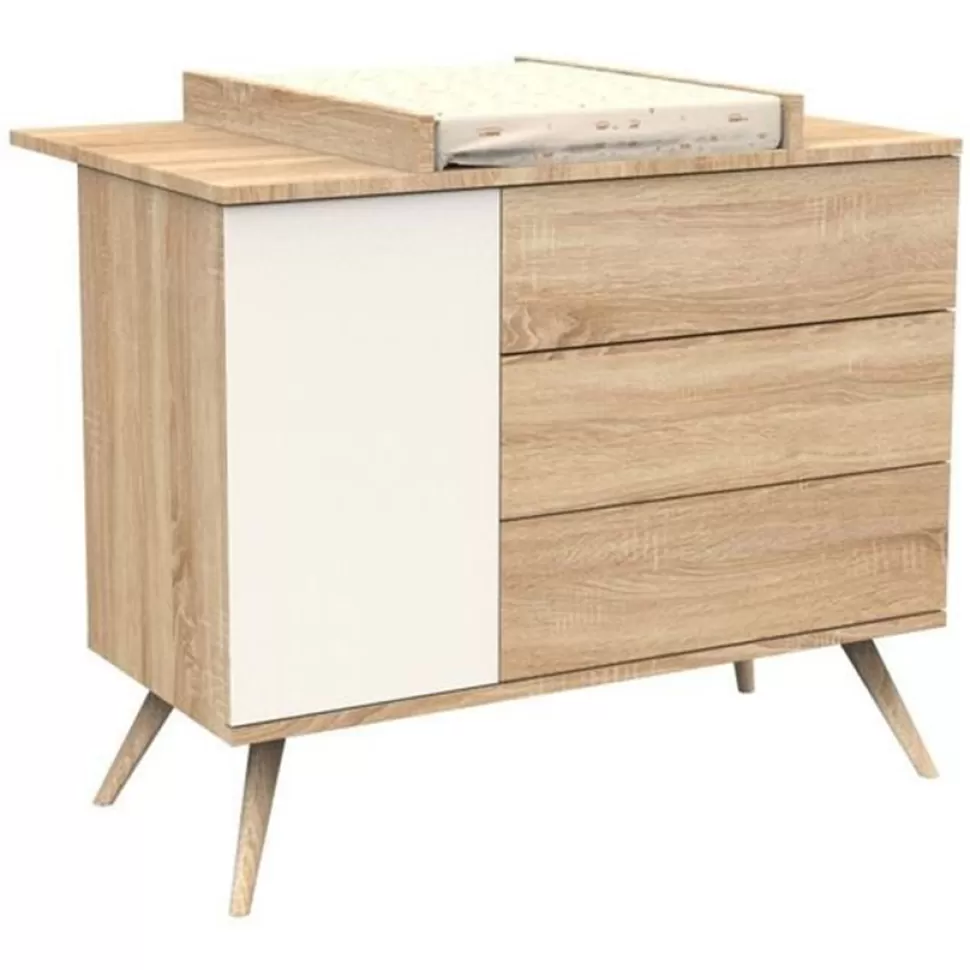 Sauthon Meuble Bébé>Commode et Plan à Langer Seventies - Chêne Doré et Vanille