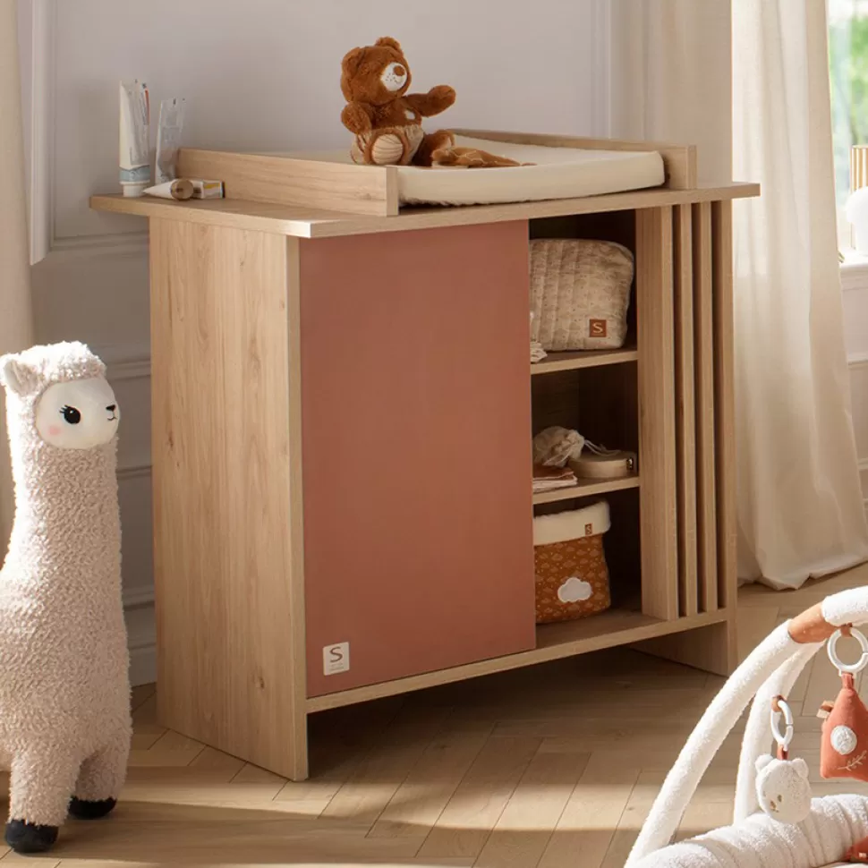 Sauthon Meuble Bébé>Commode et Plan à Langer Tokyo - Chêne Suave et Terracotta