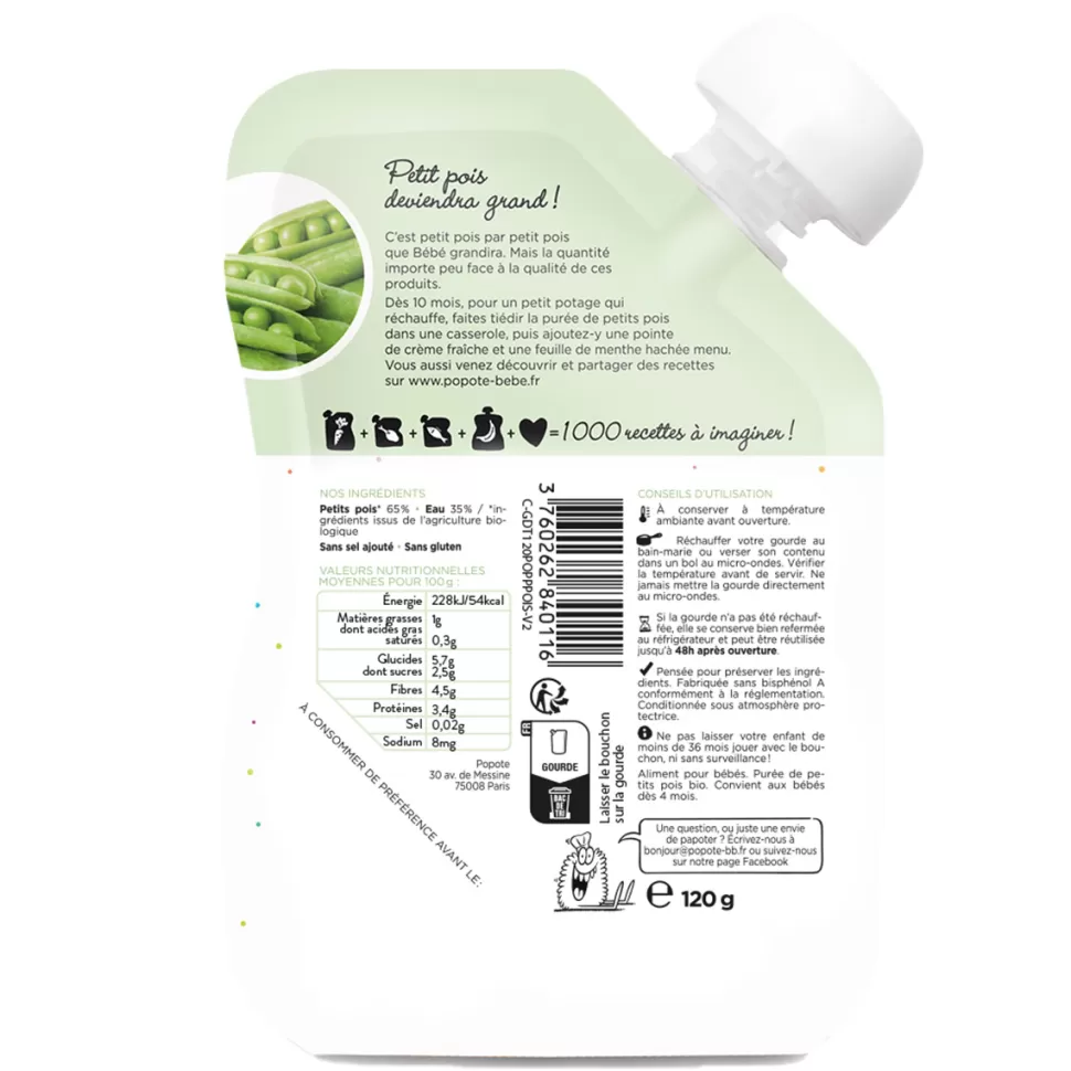 Popote Nourriture Bébé>Gourde Repas Bio Petits Pois - 120 g