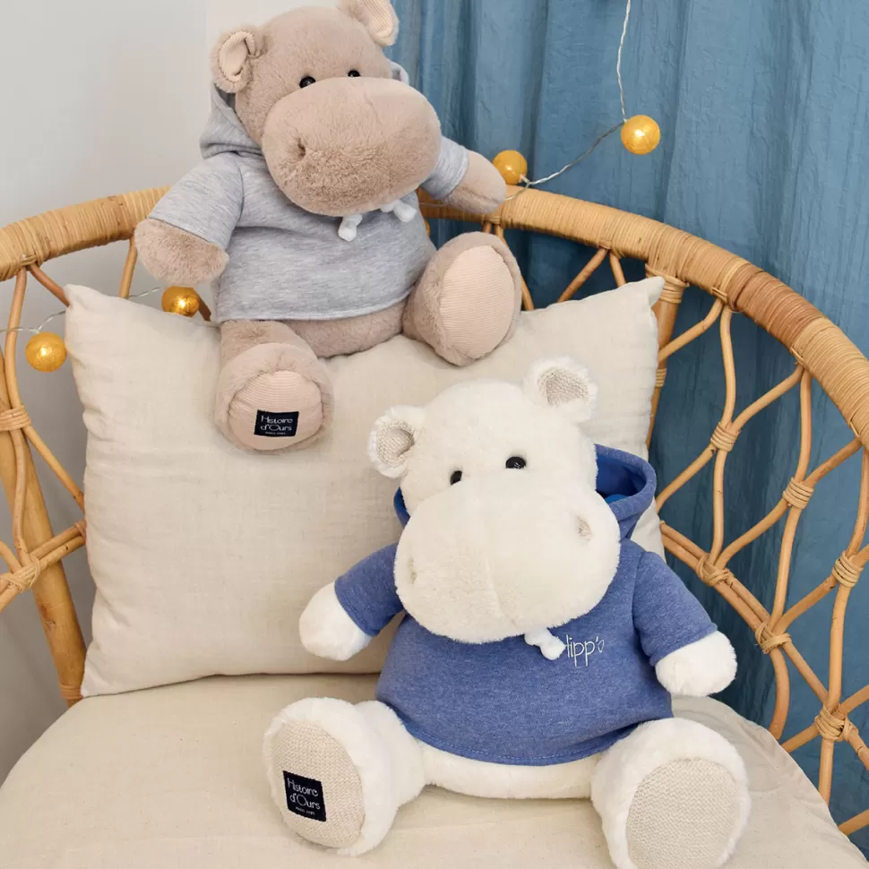 Histoire d'Ours Peluche>Hippo en Peluche Blanc avec Sweat Bleu Jean - L'Hippo