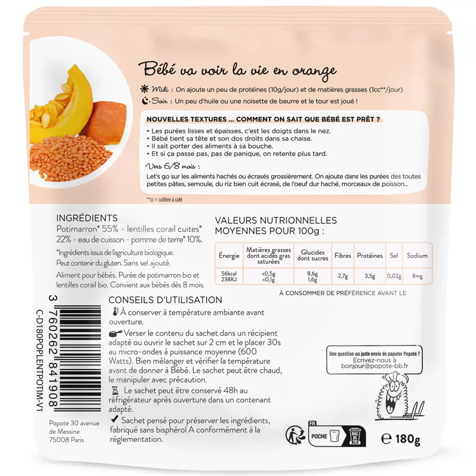 Popote Nourriture Bébé>Les Moulinés Potimarron et Lentilles - 180 g