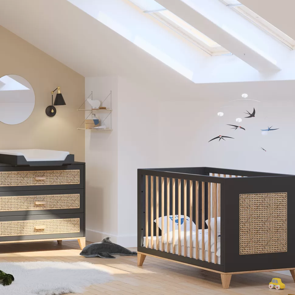 Théo Meuble Bébé>Lit Bébé Evolutif en Rotin Nami Onyx - 60 x 120 cm