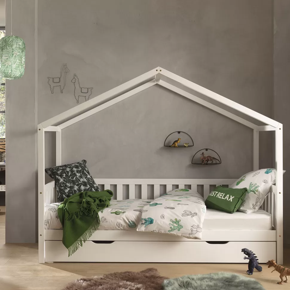 JAXX Meuble Bébé>Lit Maison Dallas avec Barrière et Tiroir Blanc - 90 x 200 cm