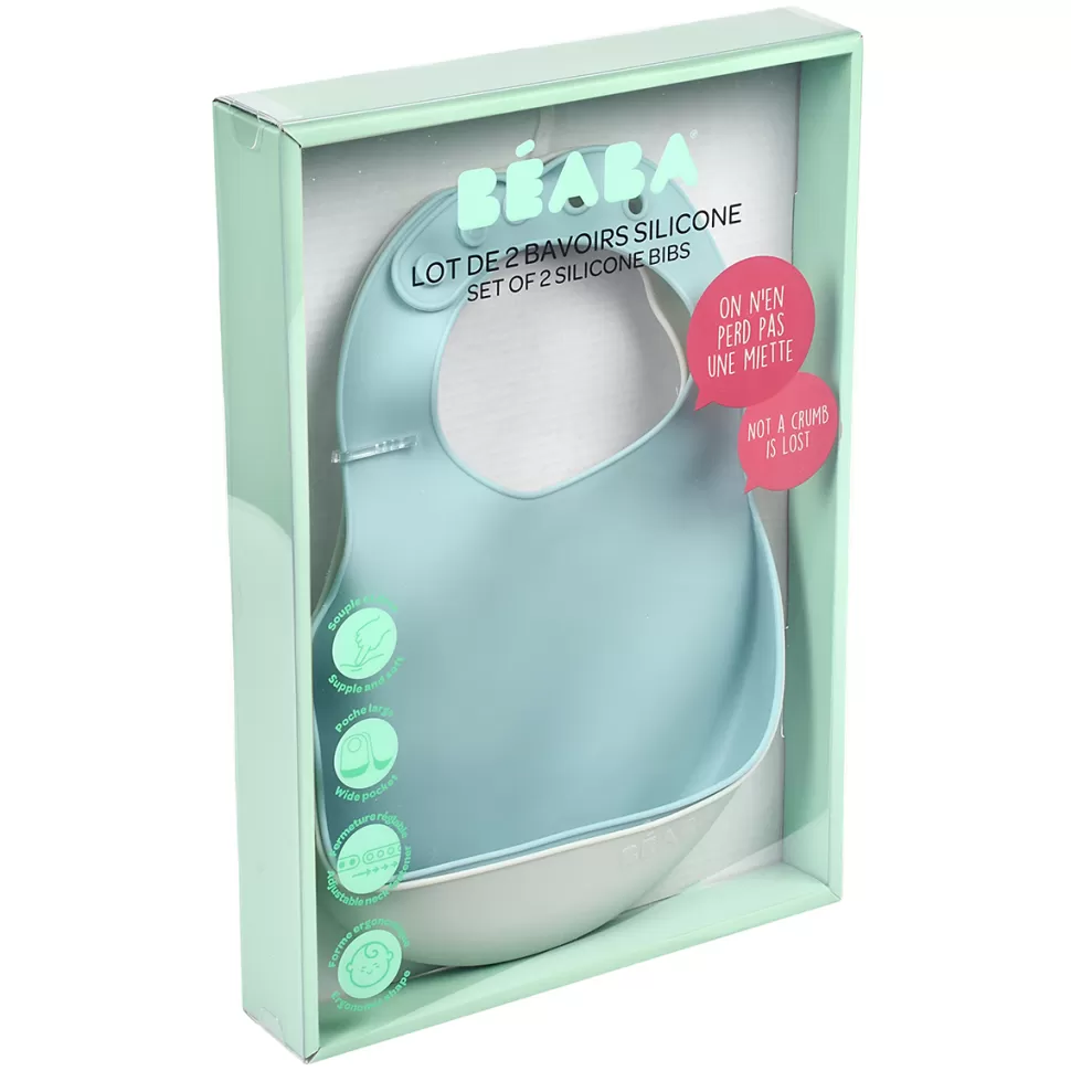 BÉABA Bavoir>Lot de 2 Bavoirs Silicone - Light Mist & Airy Green