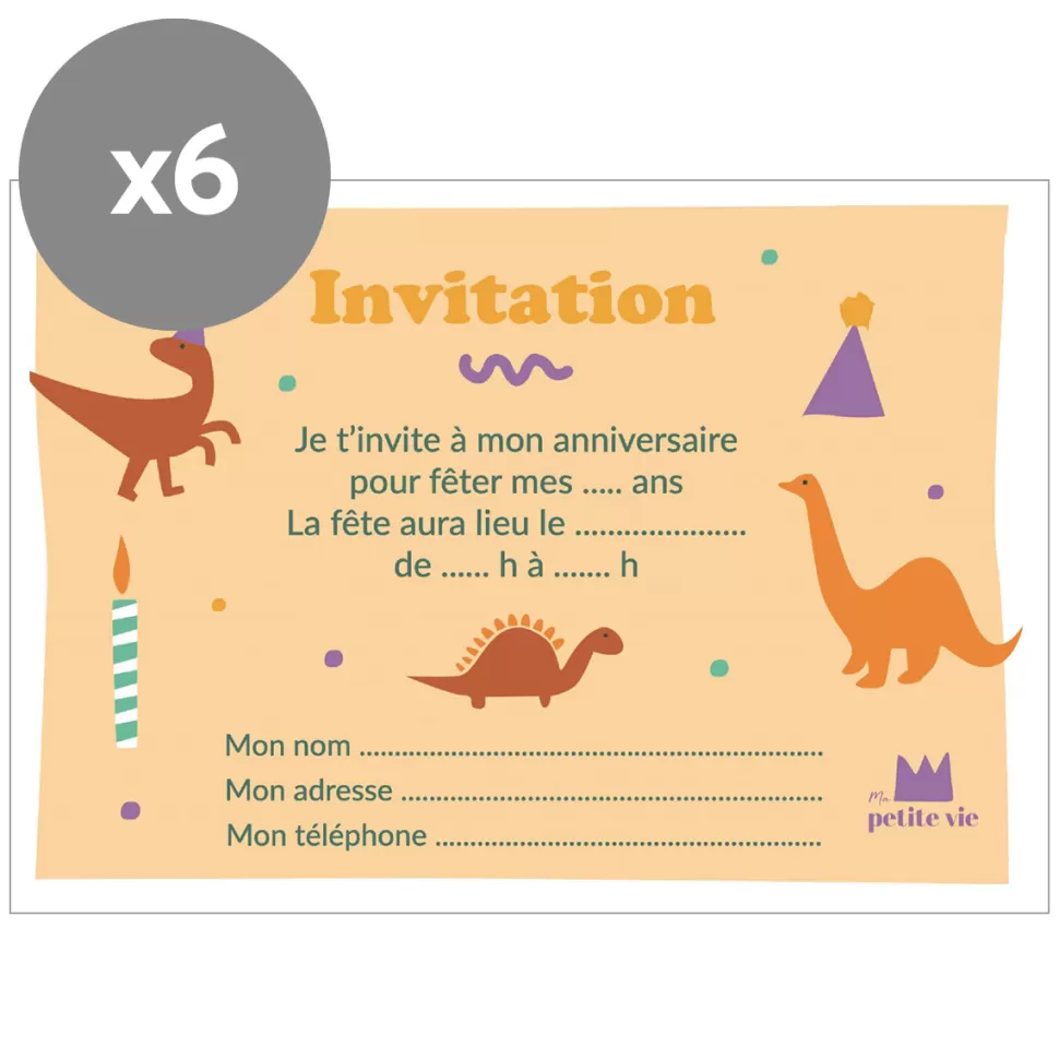 Ma petite vie Décoration>Lot de 6 Cartes d'Invitation Anniversaire Dinosaures