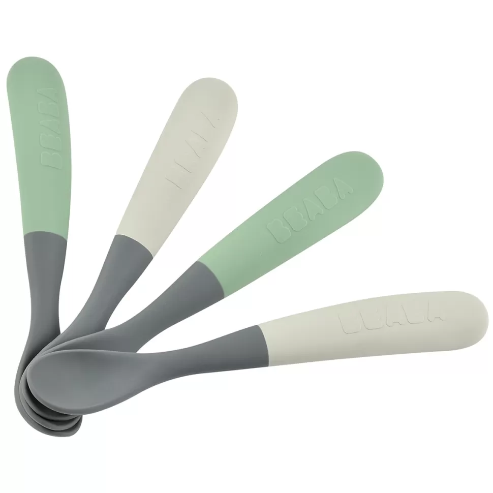 BÉABA Repas>Lot de 4 Cuillères 1er Âge Silicone Bi-ton - Mineral & Sage Green