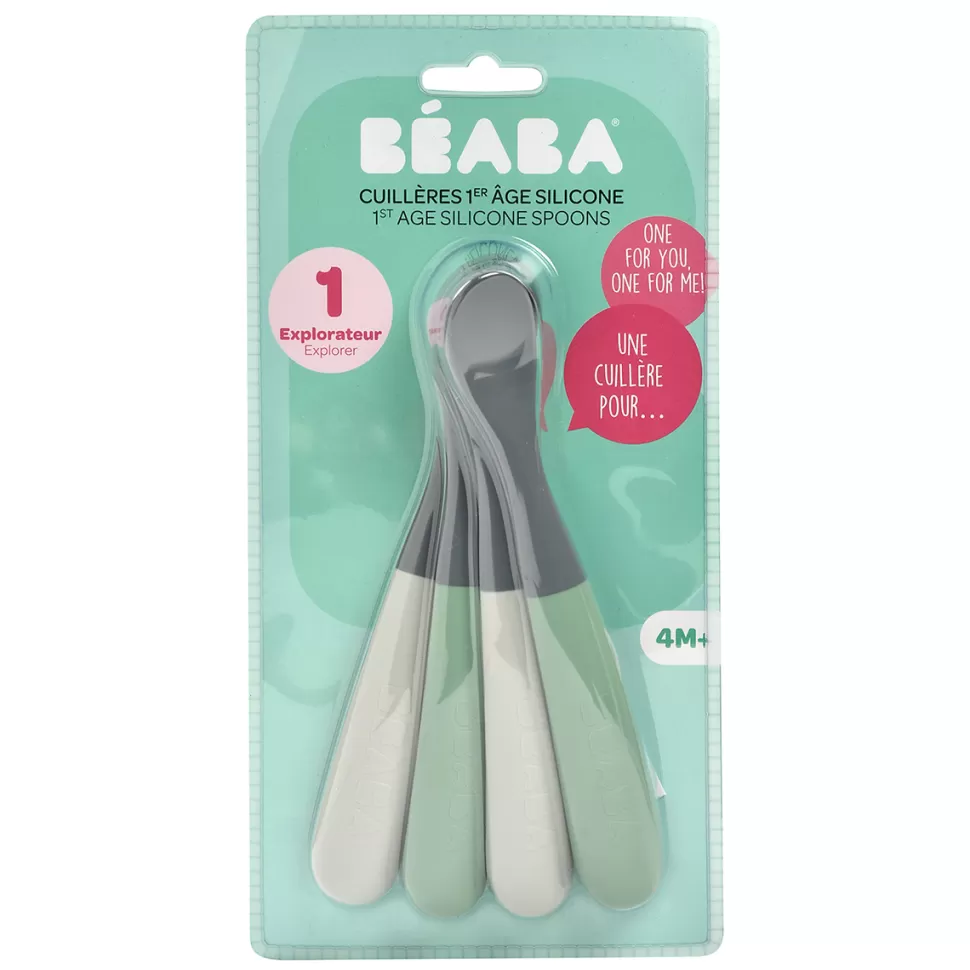 BÉABA Repas>Lot de 4 Cuillères 1er Âge Silicone Bi-ton - Mineral & Sage Green