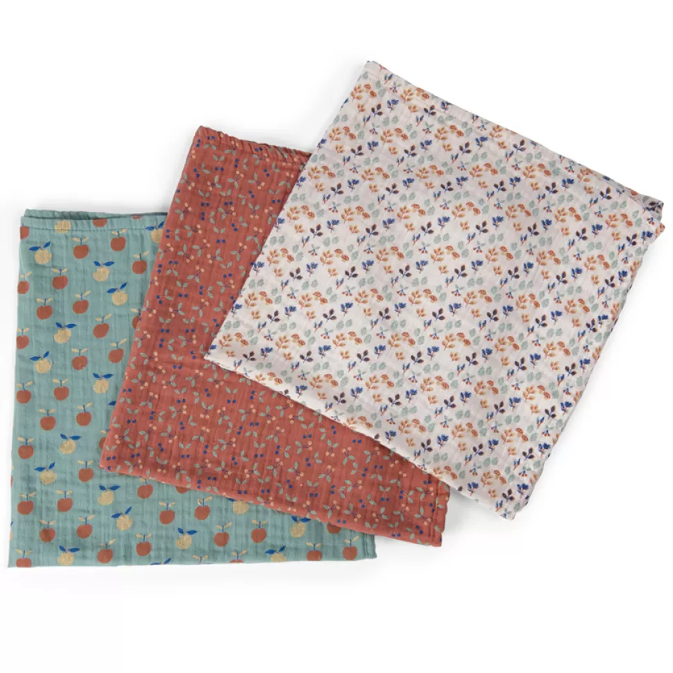 Moulin Roty Textile>Lot de 3 Langes Pomme des Bois - Cerises Forêt et Pommes