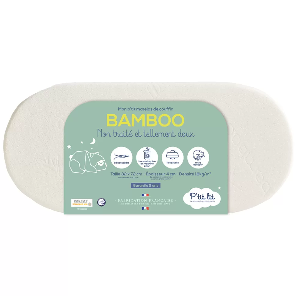 P'tit Lit Literie Bébé>Matelas Mon P'tit Matelas de Couffin Bambou Déhoussable - 32 x 72 cm