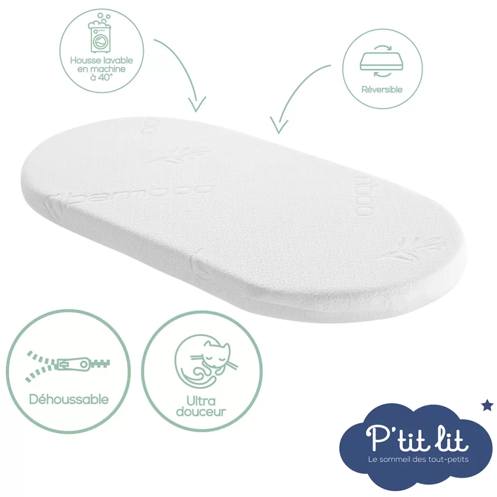 P'tit Lit Literie Bébé>Matelas Mon P'tit Matelas de Couffin Bambou Déhoussable - 32 x 72 cm