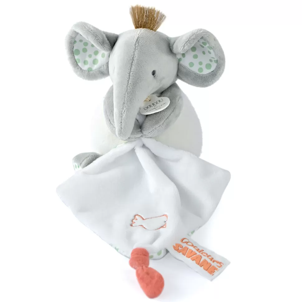 Doudou et Compagnie Peluche>Peluche Eléphant avec son Doudou Couleurs Savane