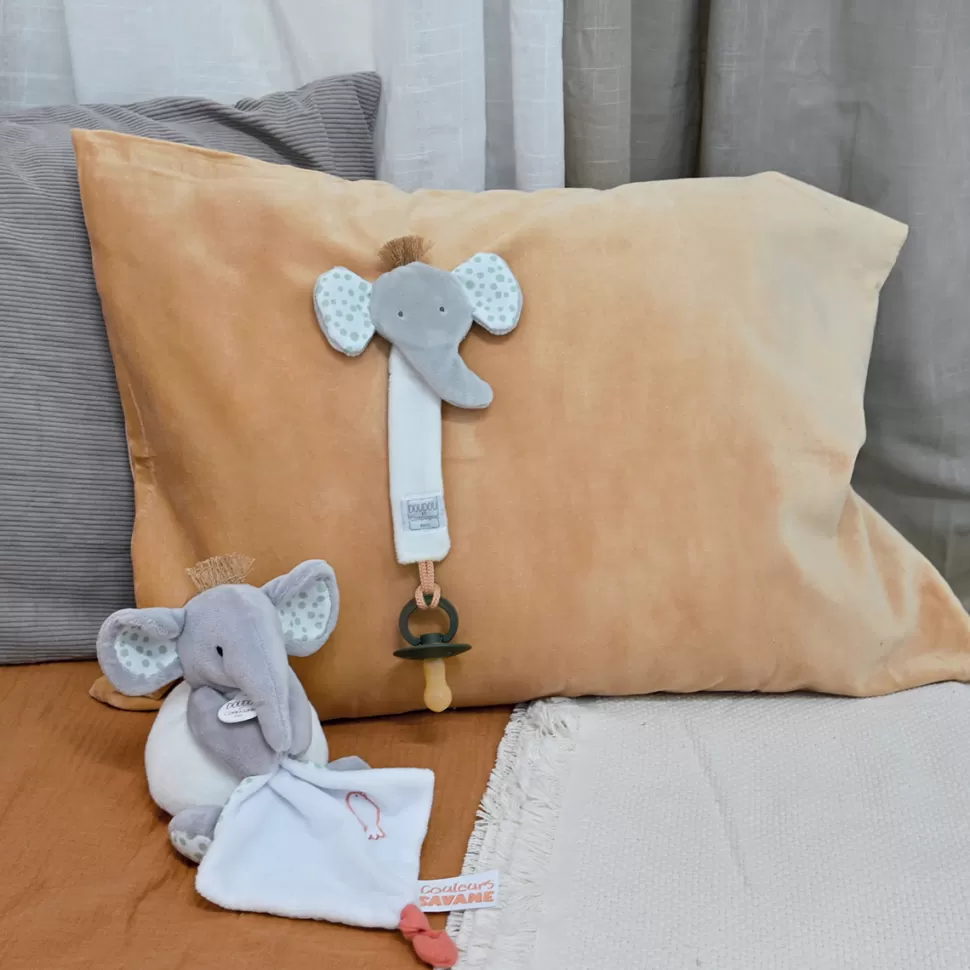 Doudou et Compagnie Peluche>Peluche Eléphant avec son Doudou Couleurs Savane