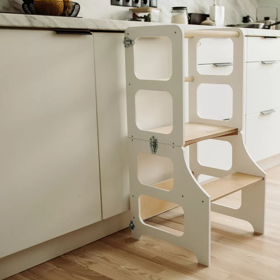 Duck Woodworks Meuble Bébé>Tour de Cuisine Pliable en Bouleau - Blanc